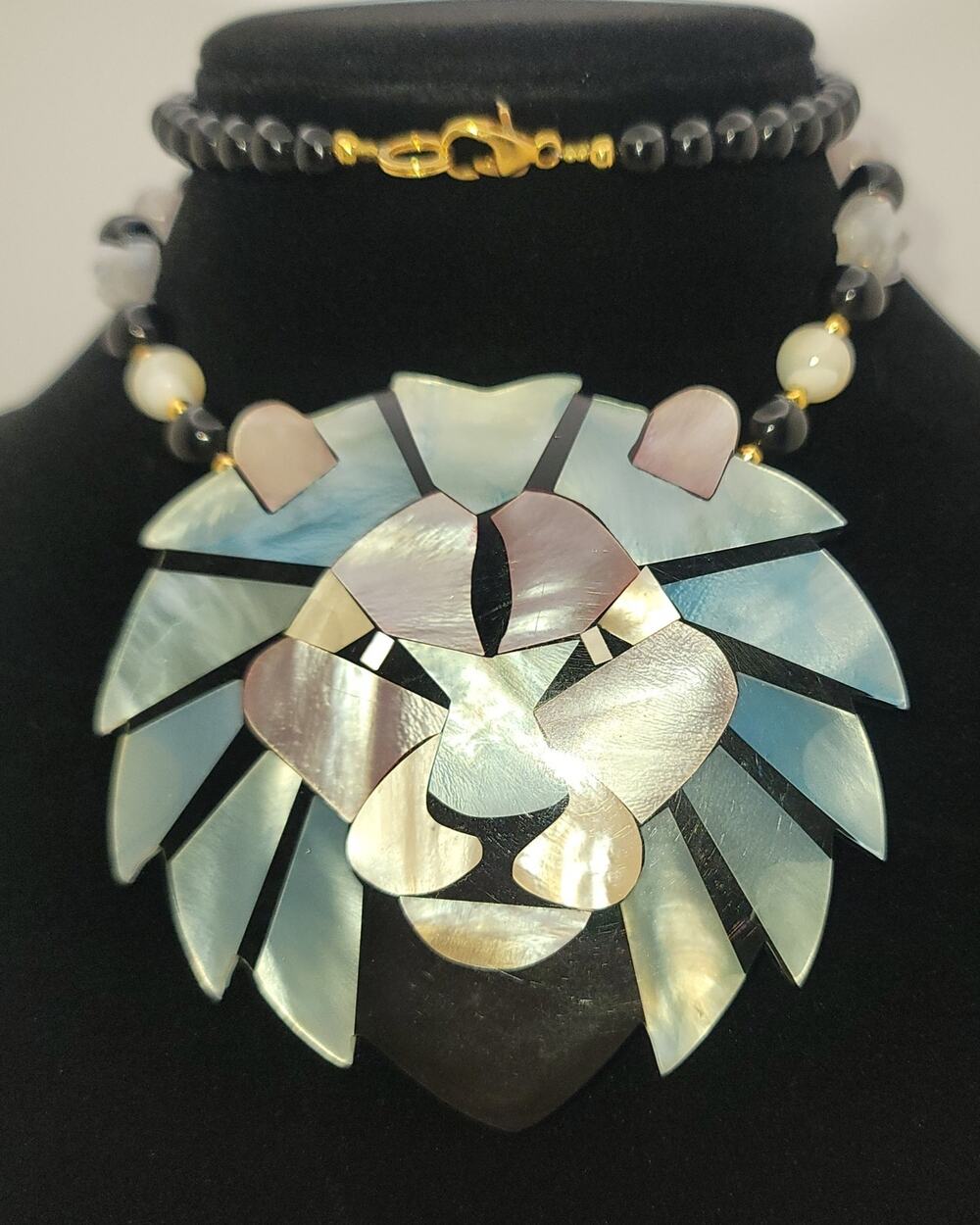 Vintage Lee Sands Lion Head Necklace Mother of Pearl Inlay
